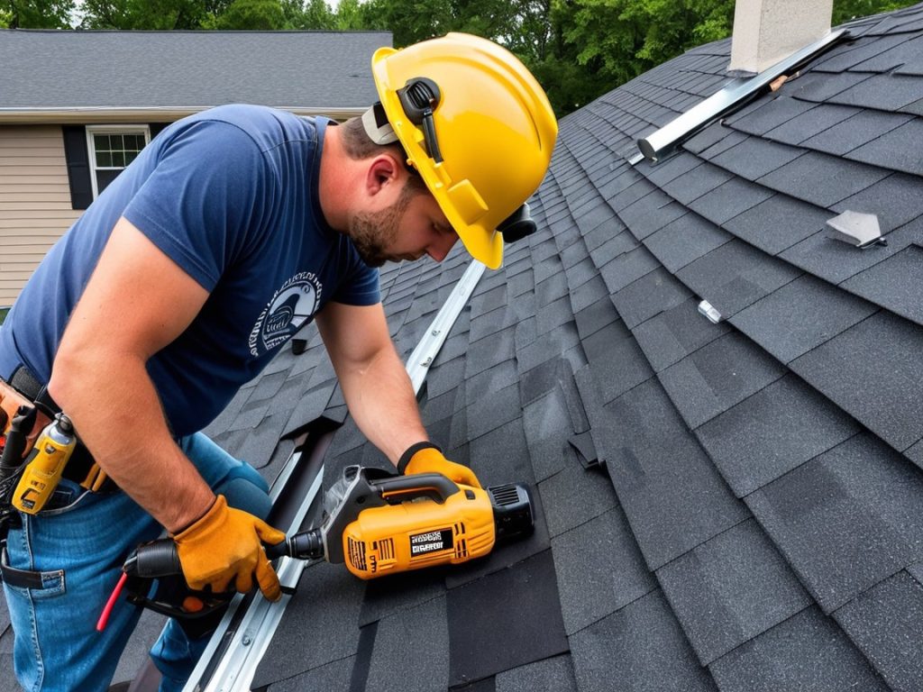 A roofer repairing a roof with a hammer, highlighting roof replacement in Hopatcong NJ.