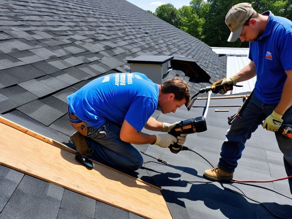 Two roofers performing roof replacement in Hopatcong NJ using a power tool on a residential roof.